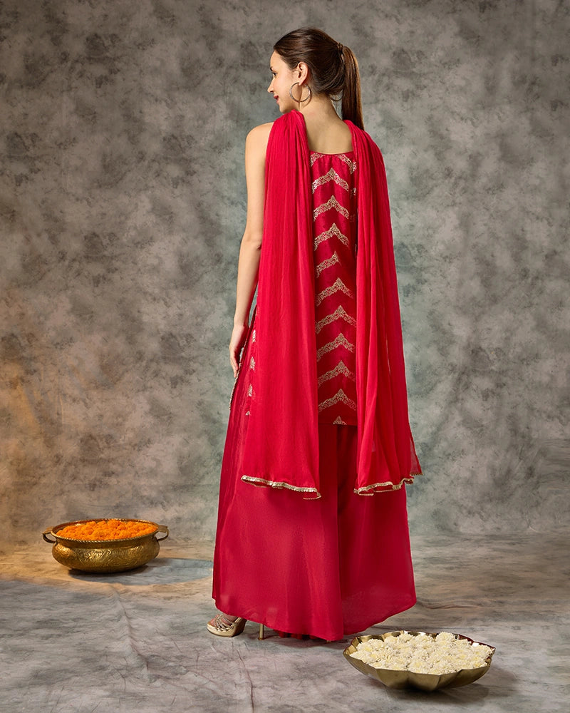 Sleeveless Brocade Kurta Set with Wide Leg Pant and Dupatta - Red