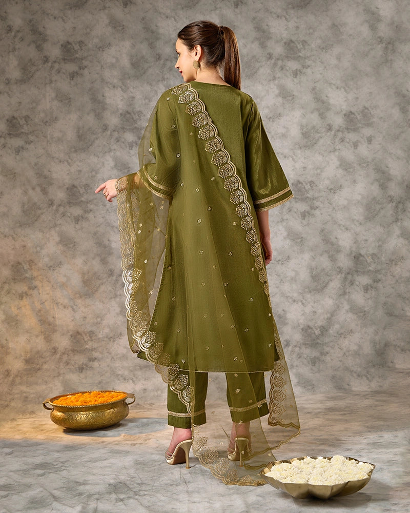 A-Line Embroidered Yoke Kurta Set with Pant and Dupatta - Lime