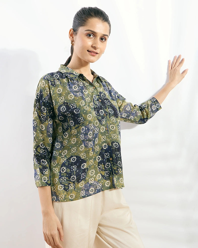Green Modal Printed Boxy Fit Shirt for Women