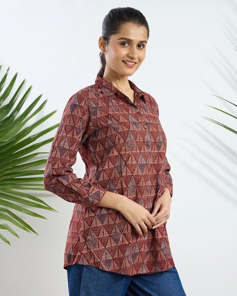 Red Viscose Printed Regular Fit Shirt for Women