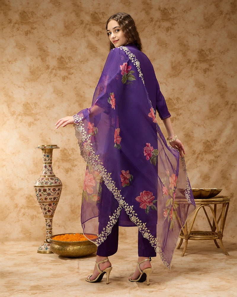 A-line Embroidered Kurta Set with Pant & Dupatta - Purple