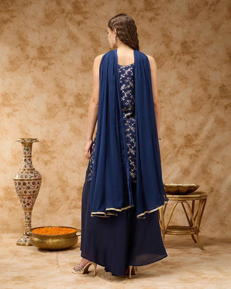 Sleeveless Brocade Kurta Set with Wide Leg Pant and Dupatta - Navy