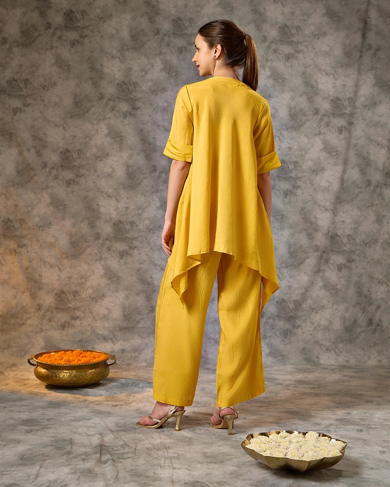 Asymmetric Zari Embroidered Kurta with Pant Co-Ord Set - Mustard