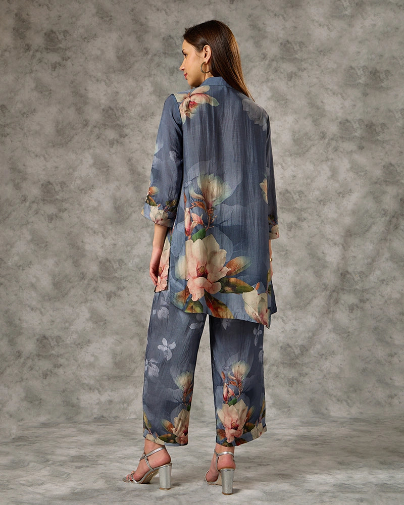 Floral Printed Modal Embroidered Collar Neck Top with Pant Co-Ord Set - Blue