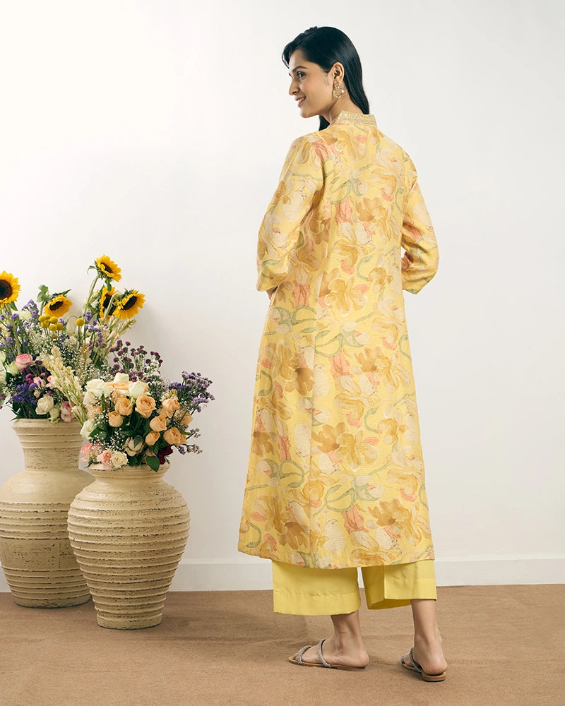 Yellow V-Neck Zari Embroidered Kurta Set for Women
