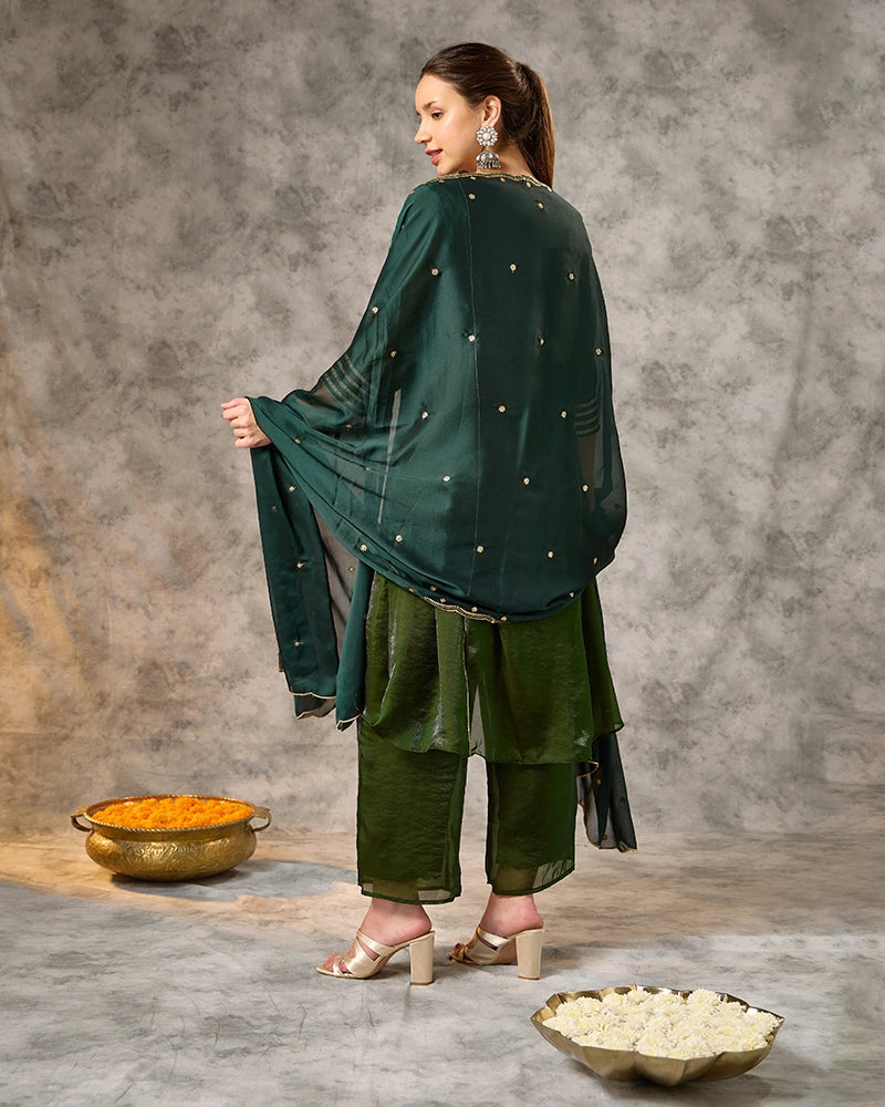 Asymmetric Embroidered Kurta Set with Pant and Dupatta - Bottle Green