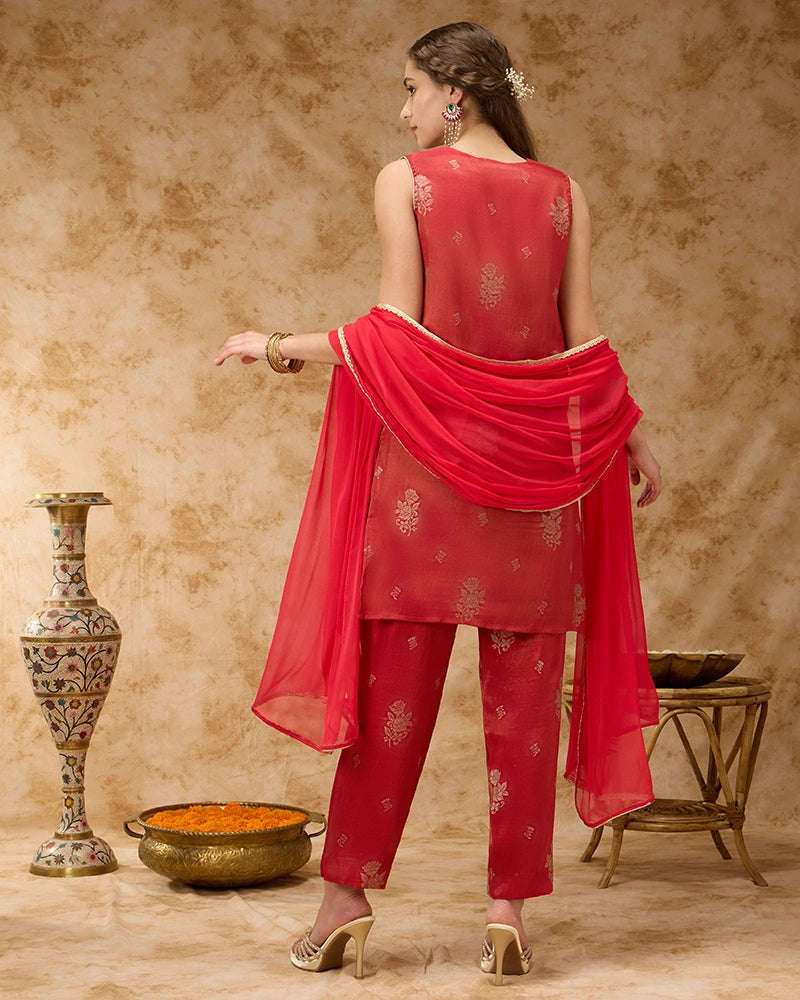 Brocade Kurta Set - Brick Red