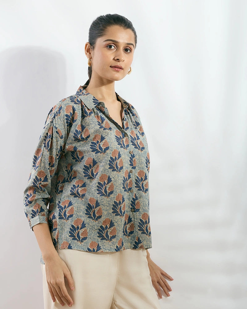 Navy Blue Modal Printed Boxy Fit Shirt for Women
