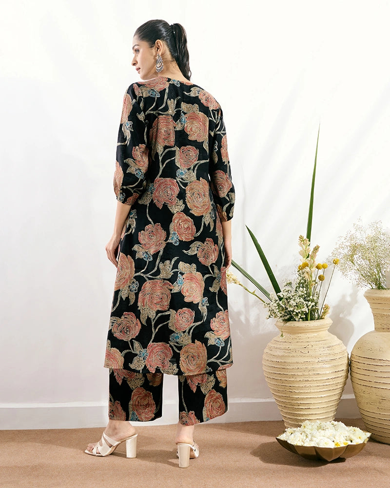 Black Printed V-Neck Kurta Set with Embroidered Neckline for Women