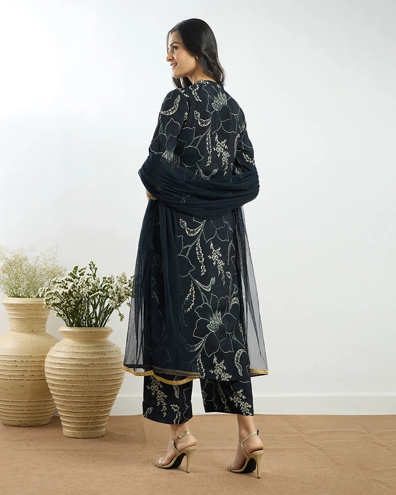 Navy Blue Printed Button-Down Kurta Set with Dupatta for Women
