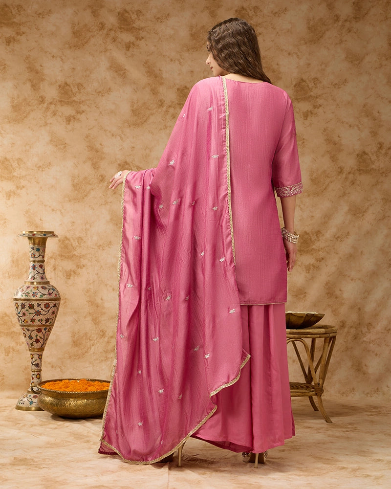 Round Neck Zari Embroidered Kurta Set with Wide Leg Pant and Dupatta - Pink