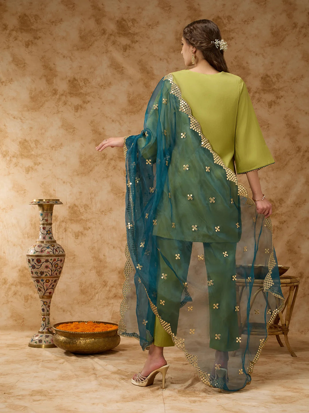 Round-Neck Embroidered Kurta Set with Pant and Dupatta - Lime