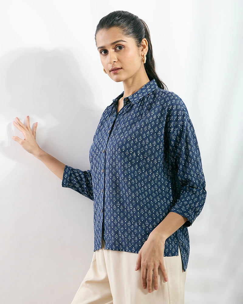 Navy Blue Viscose Printed Boxy Fit Shirt for Women