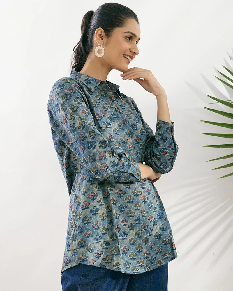 Blue Viscose Printed Regular Fit Shirt for Women