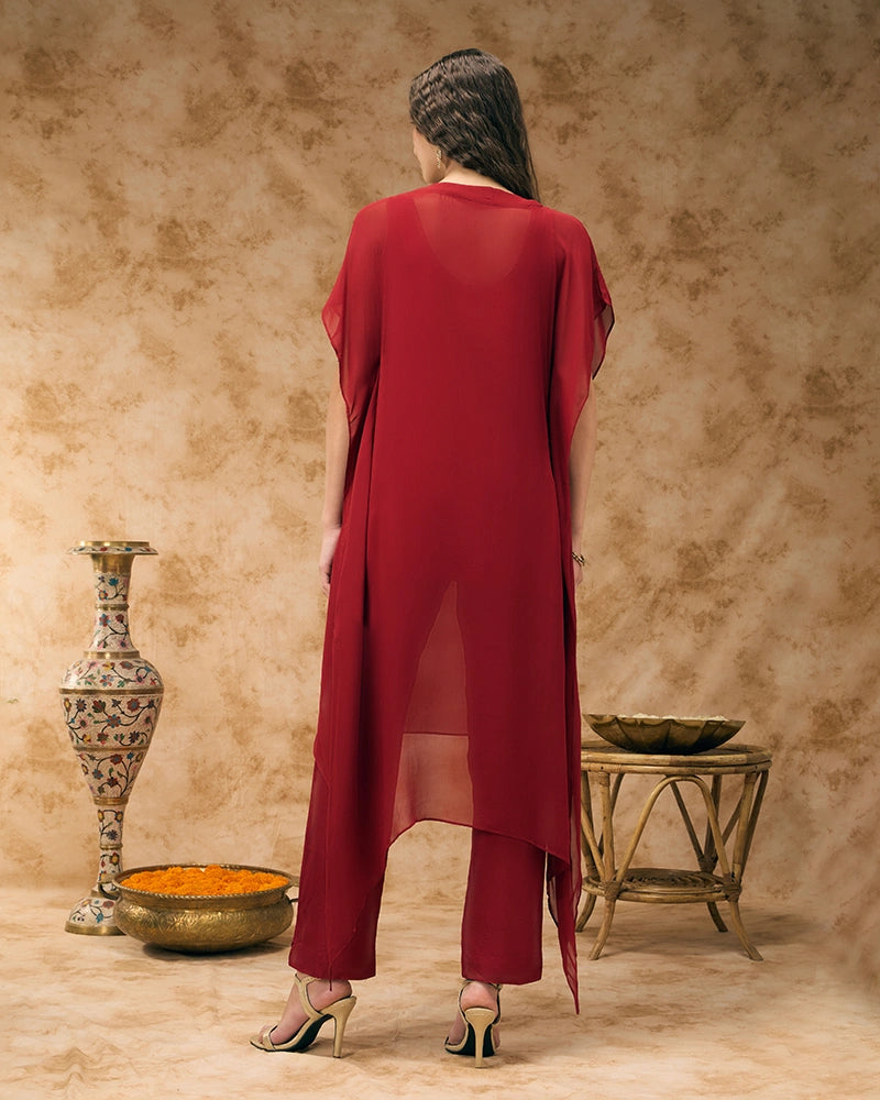 Embroidered yoke kaftan set - Red