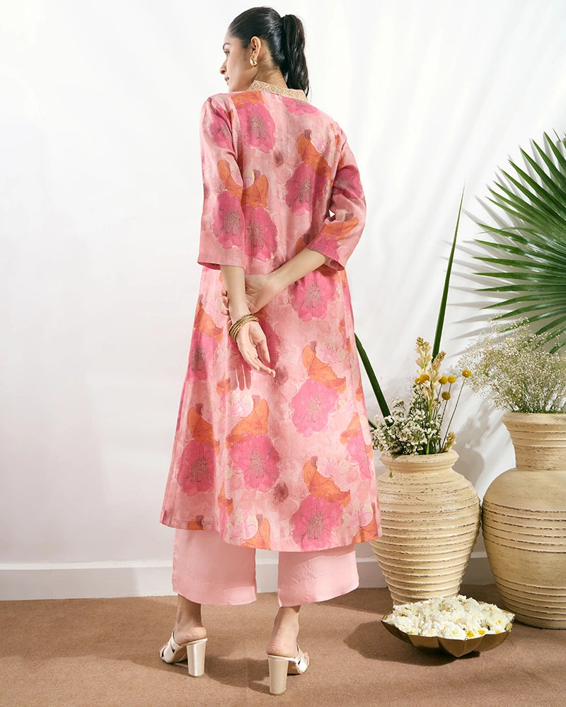 Pink V-Neck Zari Embroidered Kurta Set for Women