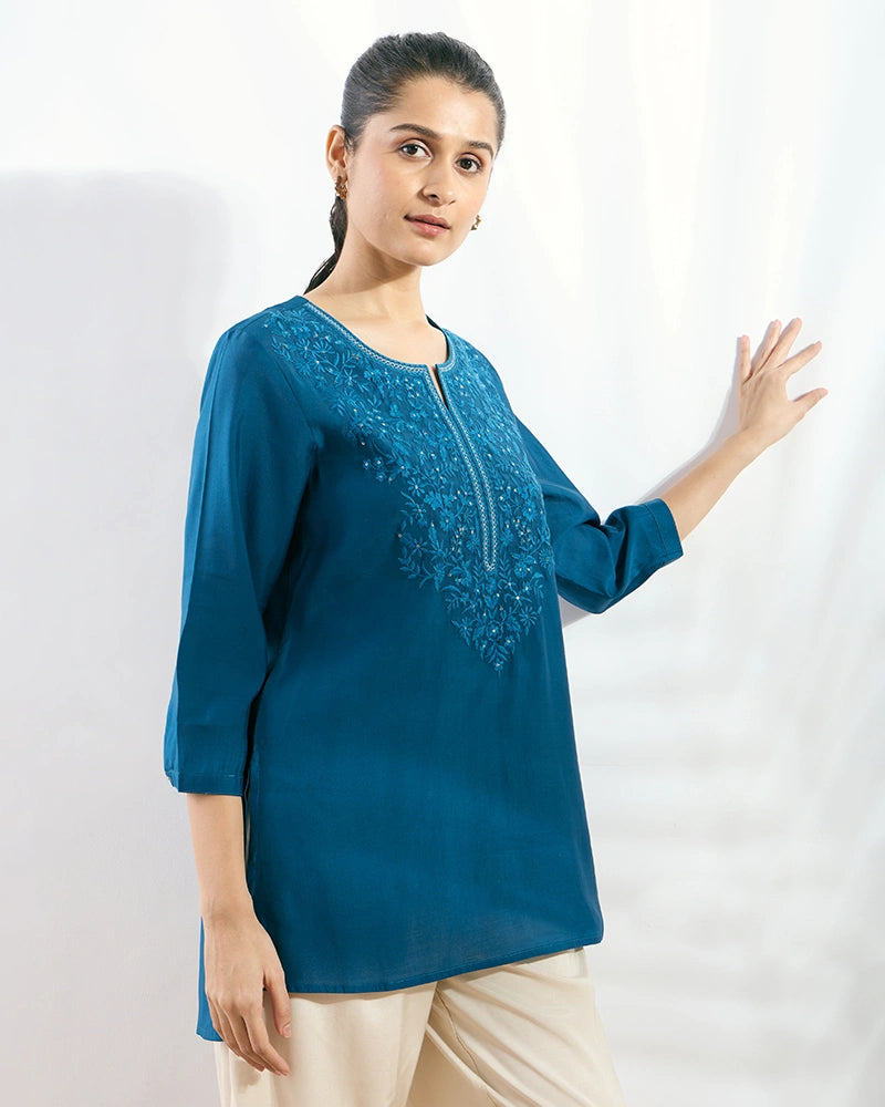 Blue Yoke Embroidered Hi-Low Top for Women
