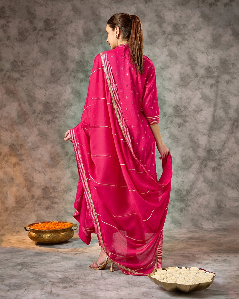 Foil Printed Kurta Set with Pant with Dupatta - Fuschia
