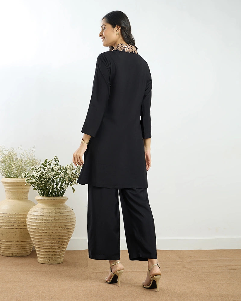 Black Placement Embroidered A-Line Co-ord Set for Women