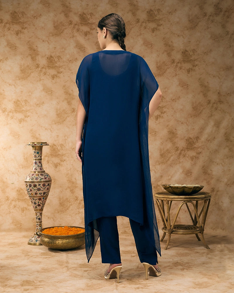 Embroidered yoke kaftan set - Navy