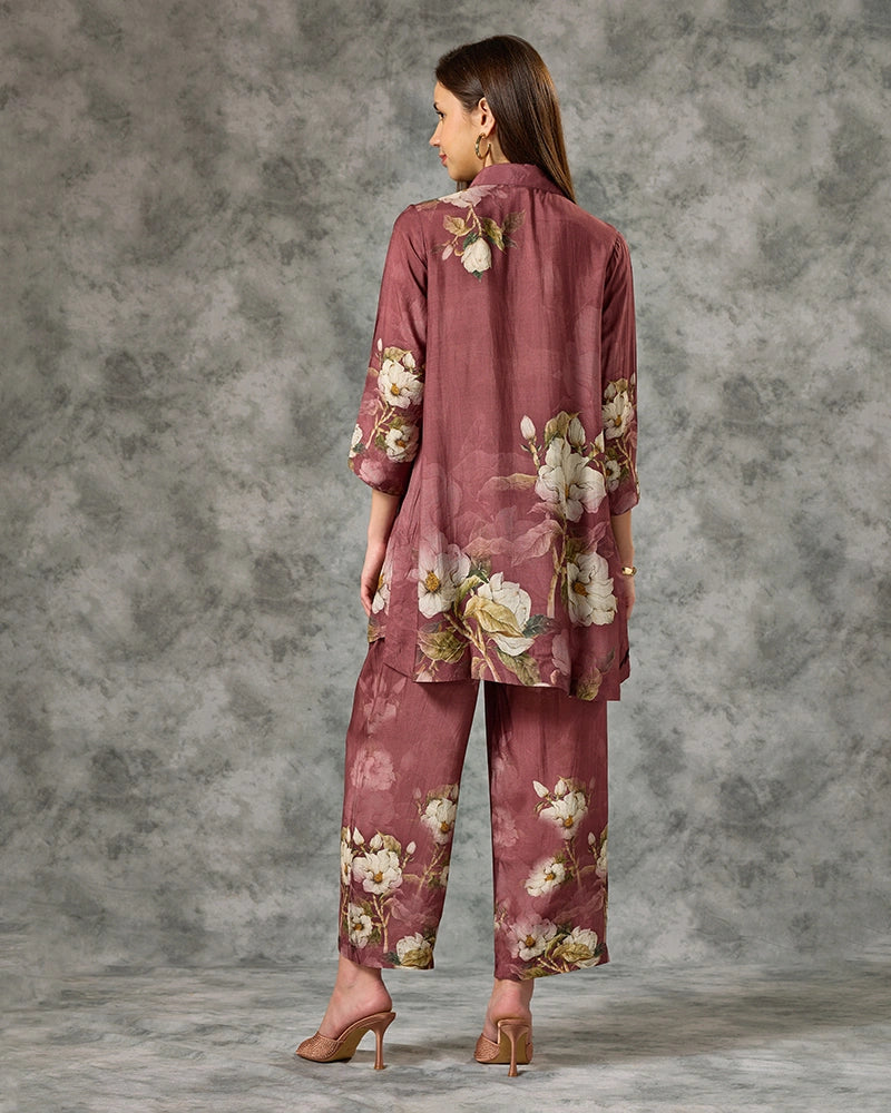 Floral Printed Modal Embroidered Collar Neck Top with Pant Co-Ord Set - Brown
