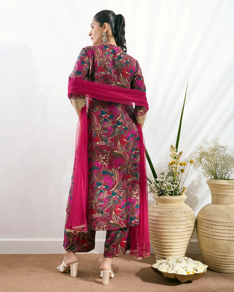 Blue Printed Button-Down Kurta Set with Dupatta for Women