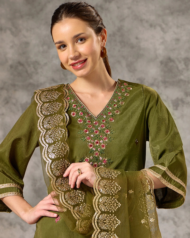 A-Line Embroidered Yoke Kurta Set with Pant and Dupatta - Lime