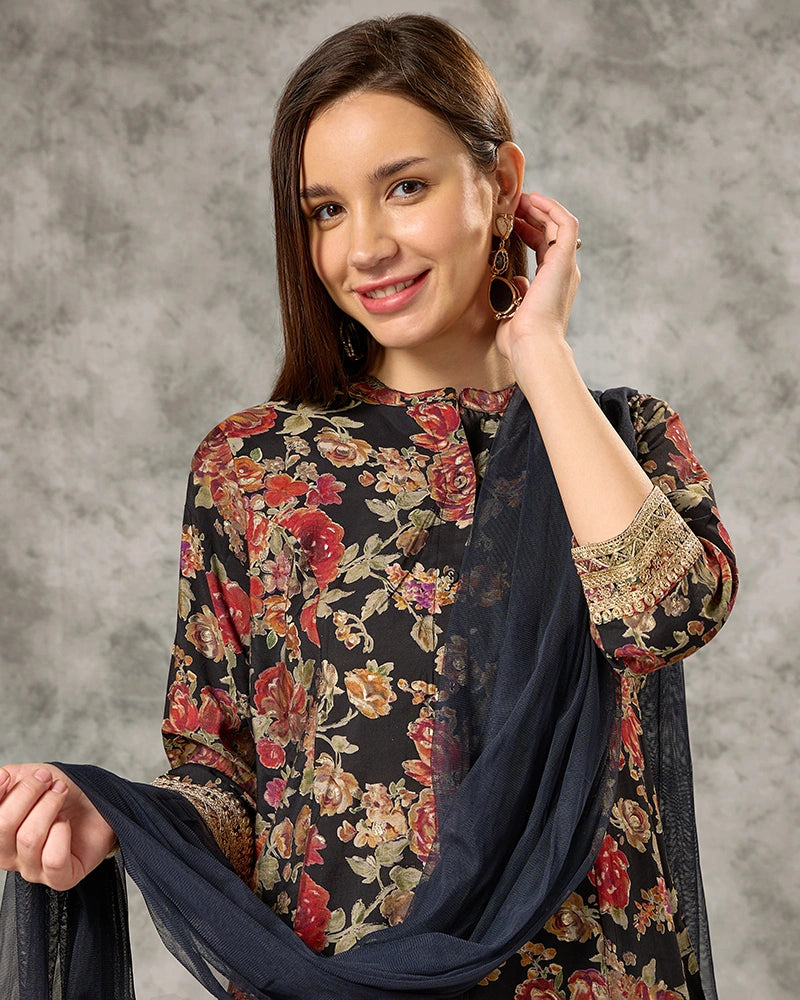 Zari Embroidered All over Printed Mandarin Neck Kurta Set with Pant and Dupatta - Black