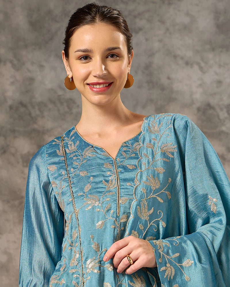 Embroidered Round Neck Kurta Set with Wide Pant and Dupatta - Teal