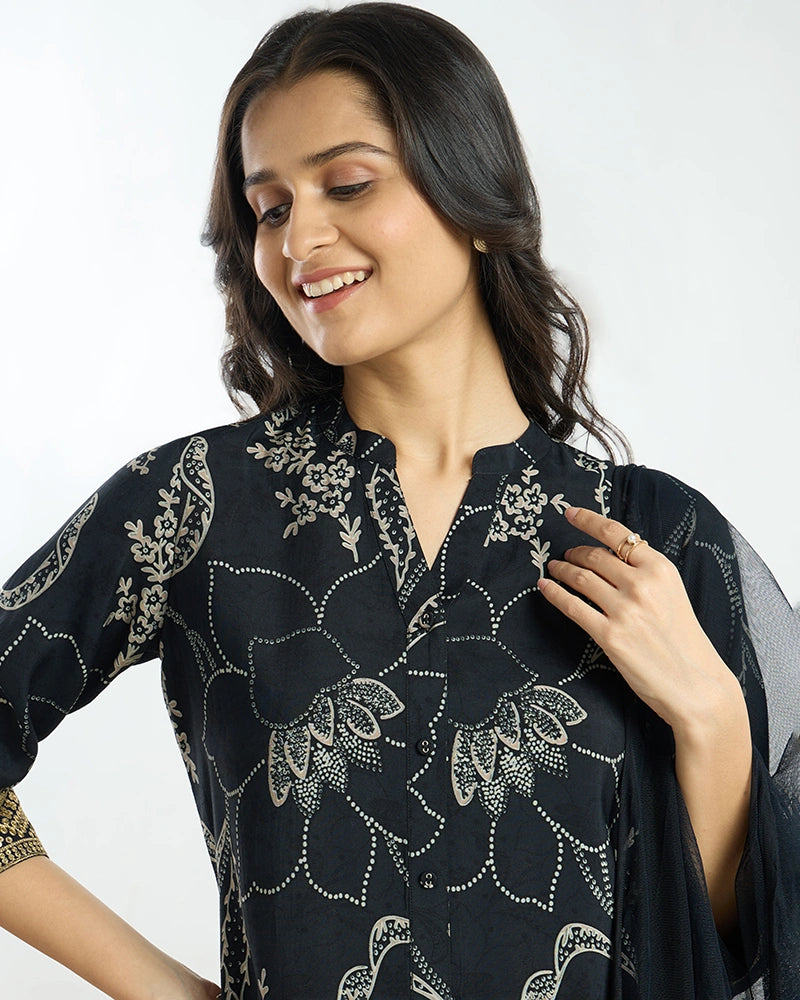 Navy Blue Printed Button-Down Kurta Set with Dupatta for Women