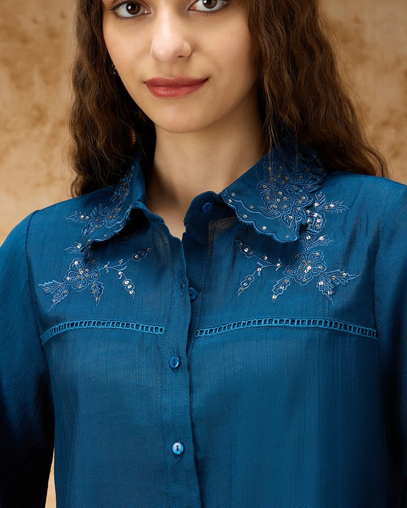 Shirt Collar Co-ord Set with Tonal Embroidery & Lace Inserts - Blue