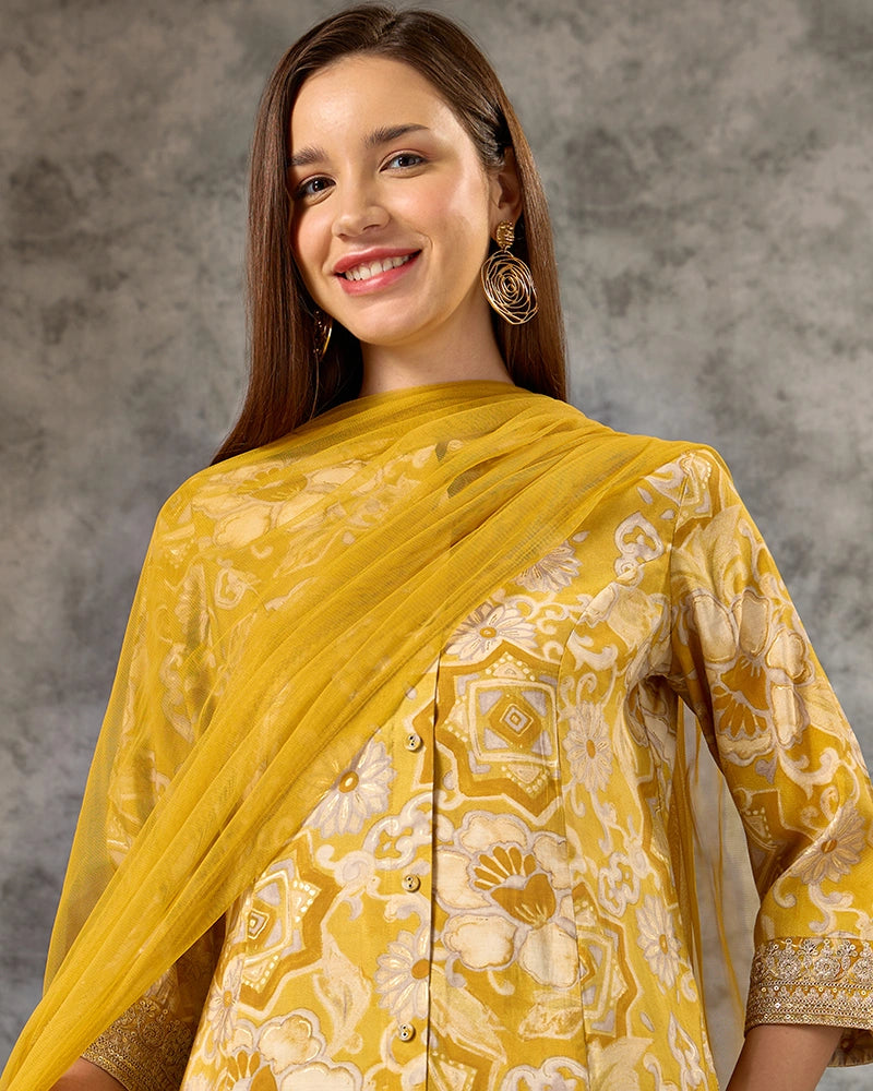 Zari Embroidered All over Printed Mandarin Neck Kurta Set with Pant and Dupatta - Yellow
