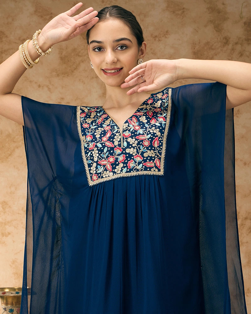 Embroidered yoke kaftan set - Navy