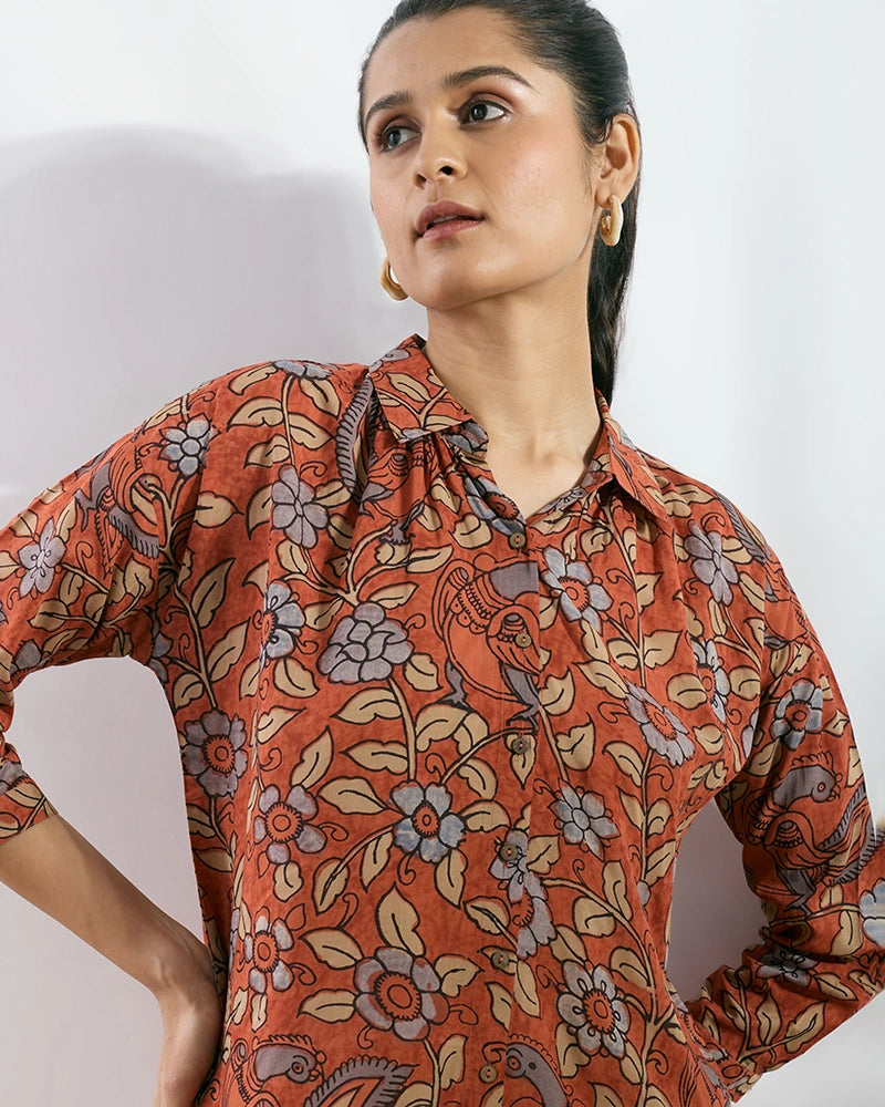 Rust Modal Printed Boxy Fit Shirt for Women
