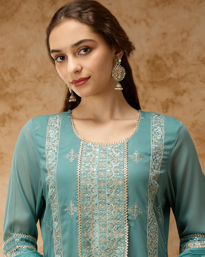 Round neck straight kurta SKD set featuring elegant placement embroidery.