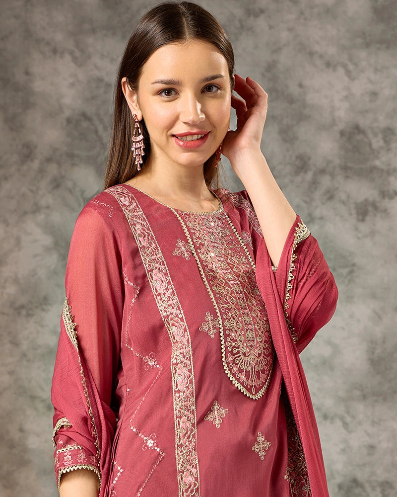 Placement Embroidered Round Neck Kurta Set with Pant and Dupatta - Pink