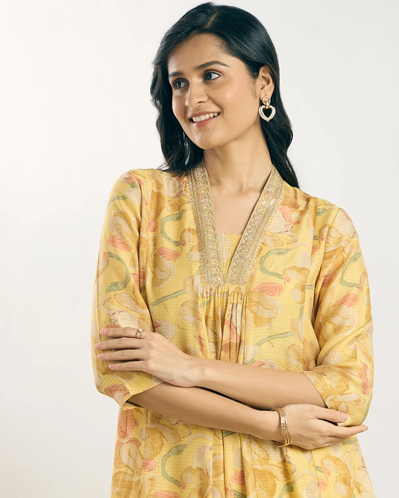 Yellow V-Neck Zari Embroidered Kurta Set for Women