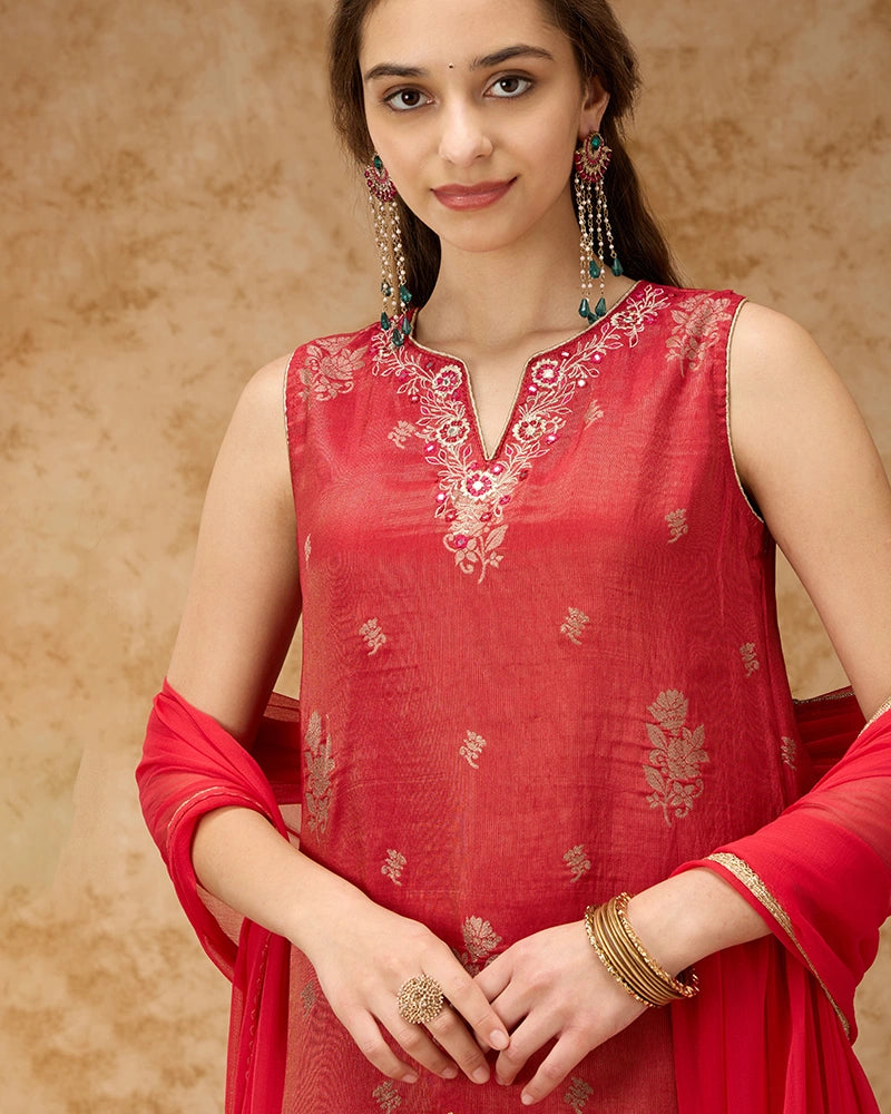 Brocade Kurta Set - Brick Red