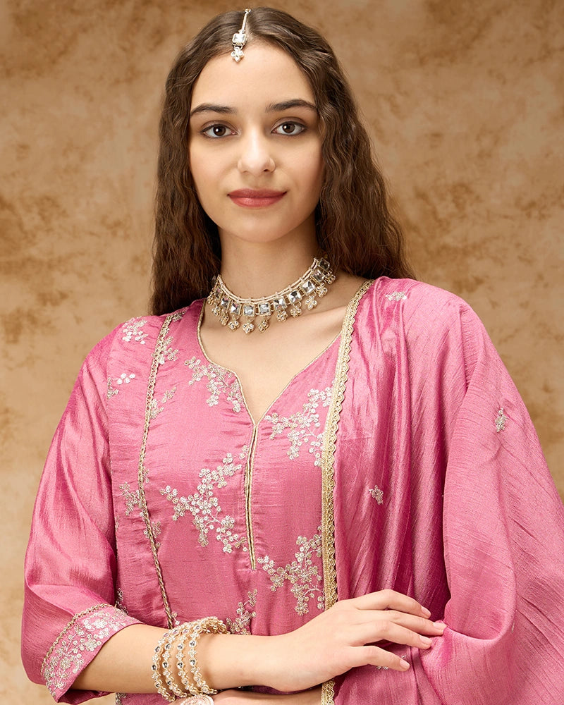 Round Neck Zari Embroidered Kurta Set with Wide Leg Pant and Dupatta - Pink