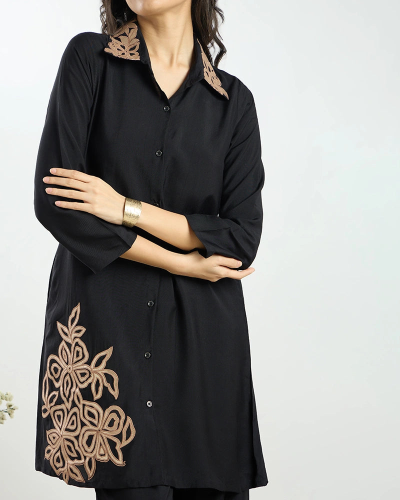 Black Placement Embroidered A-Line Co-ord Set for Women