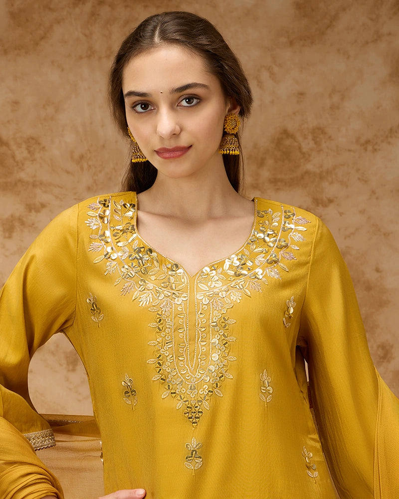 Embroidered Kurta Set - Yellow