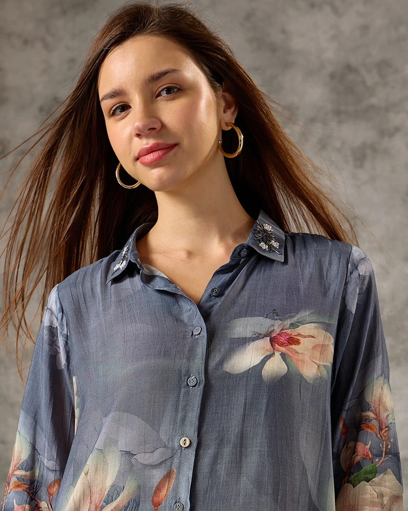 Floral Printed Modal Embroidered Collar Neck Top with Pant Co-Ord Set - Blue