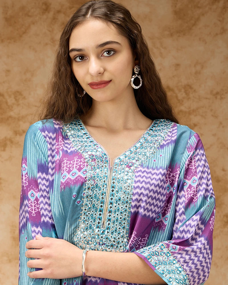 Ikkat Printed Co-ord Set with Mirror Embroidered Yoke