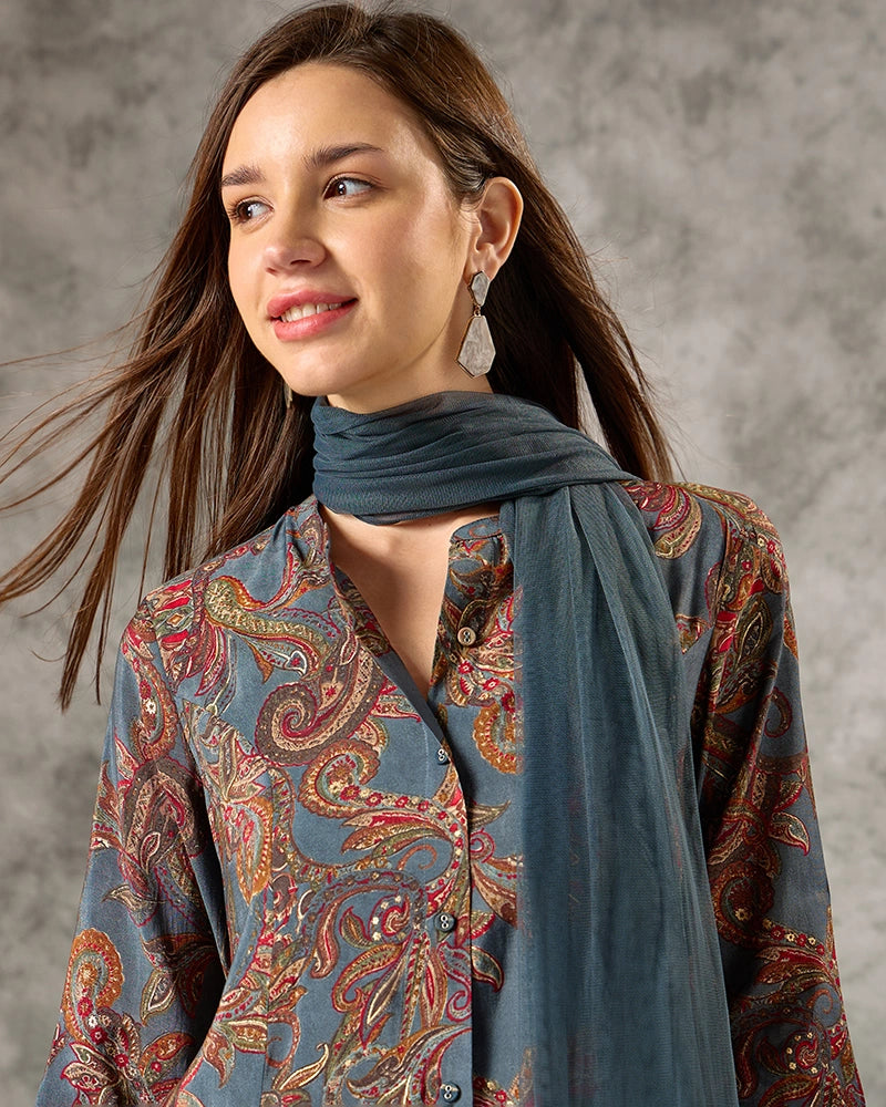 Zari Embroidered All over Printed Mandarin Neck Kurta Set with Pant and Dupatta - Blue