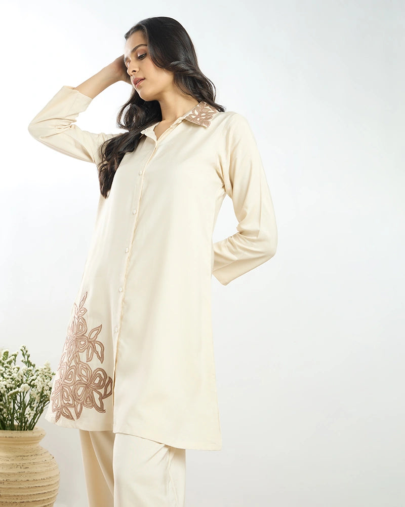 Off-White Placement Embroidered A-Line Co-ord Set for Women