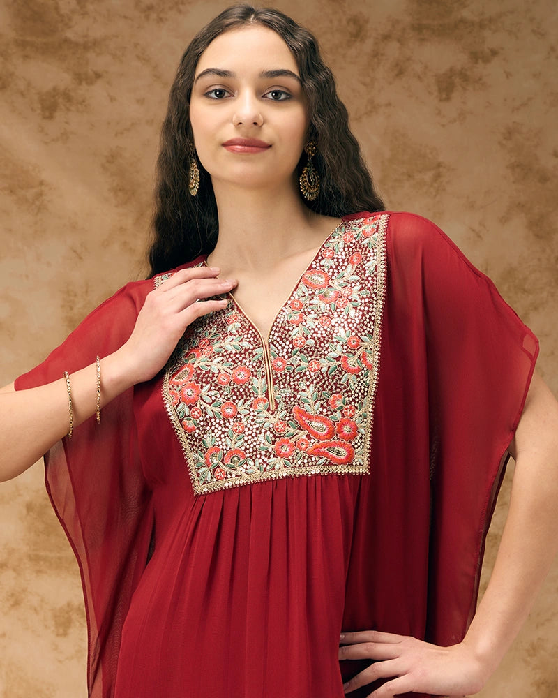 Embroidered yoke kaftan set - Red