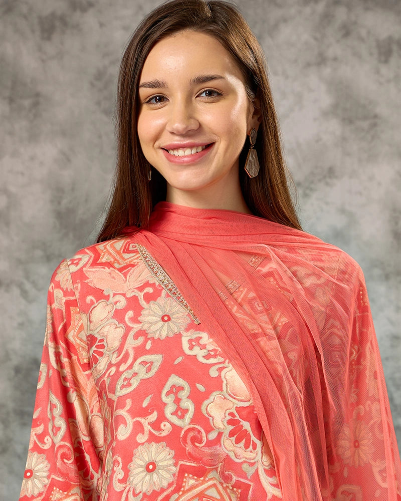 A-line All Over Floral Printed Kurta Set with Pant & Dupatta - Orange