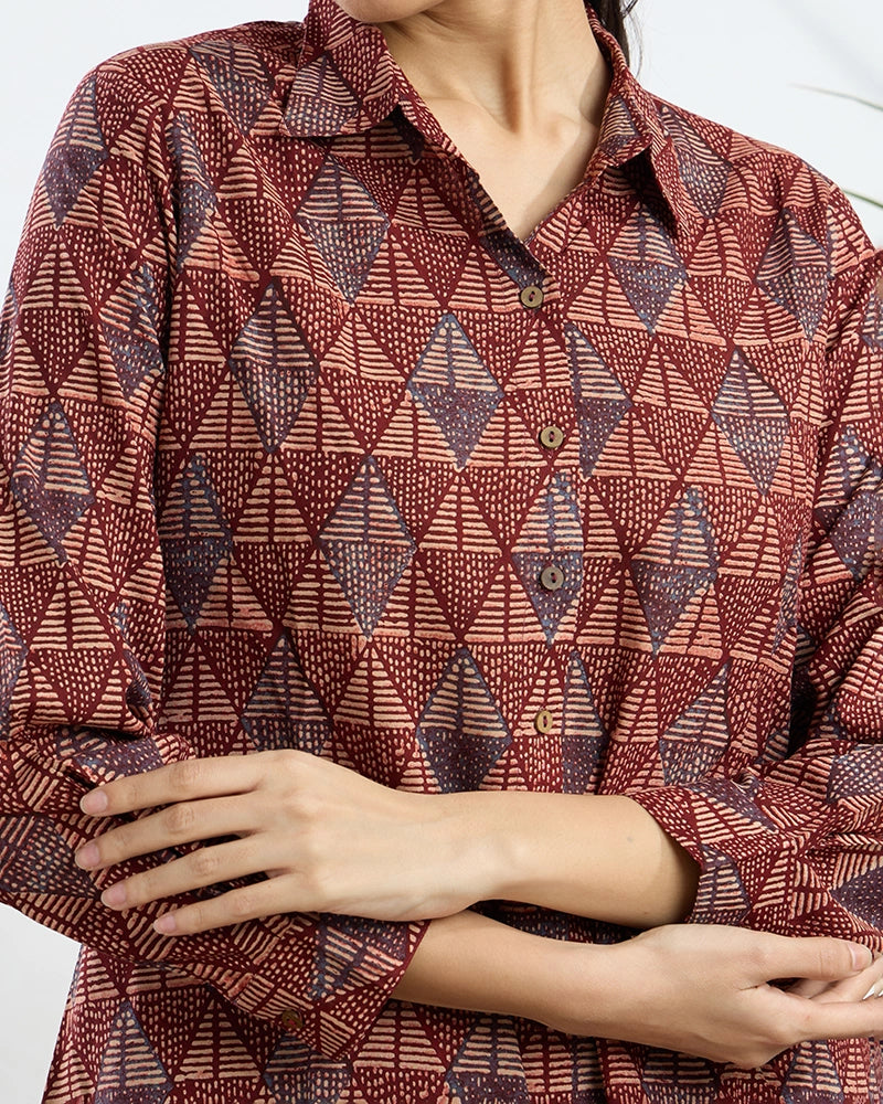 Red Viscose Printed Regular Fit Shirt for Women
