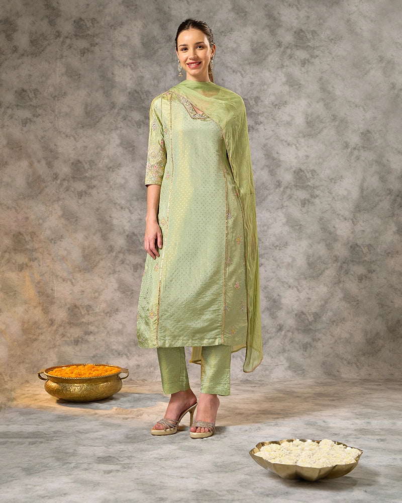 A-line embroidered kurta set - Sage Green