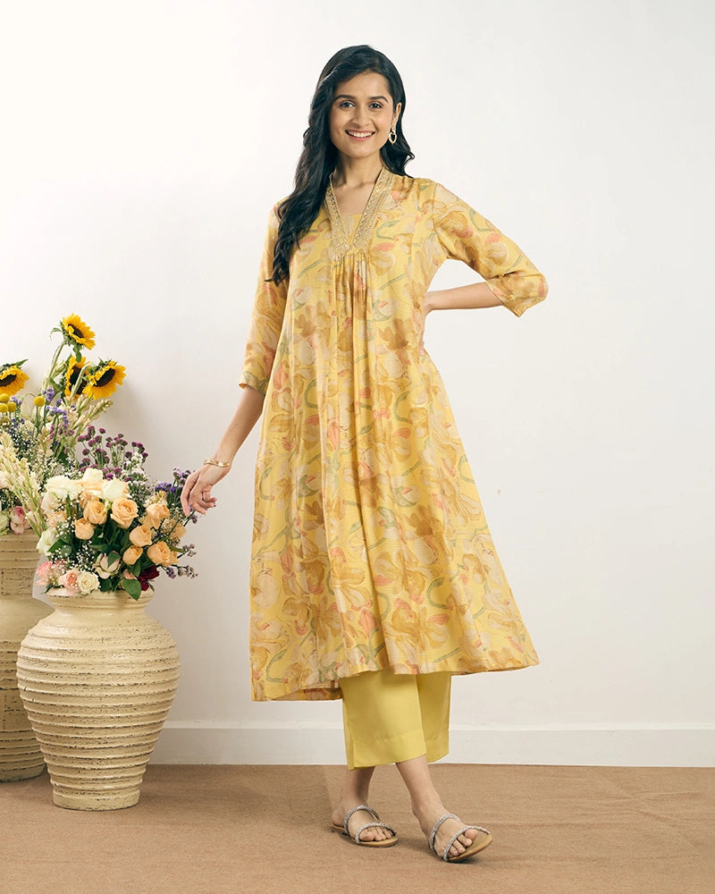 Yellow V-Neck Zari Embroidered Kurta Set for Women